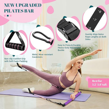 Pilates Bar Kit with Resistance Bands, Multifunctional Yoga Pilates Bar with Heavy-Duty Metal Adjustment Buckle, Portable Home Gym Pilates Resistance Bar Kit for Women Full Body Workouts