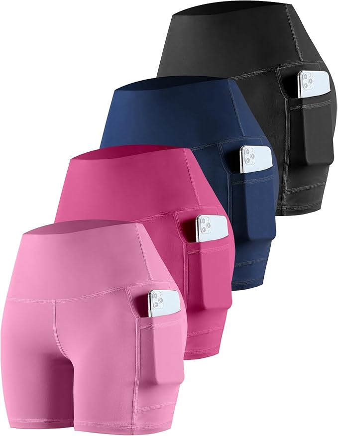CHRLEISURE Womens Biker Yoga Shorts with Pockets: High Waisted Tummy Control Spandex Workout Athletic Gym Shorts 4 Packs