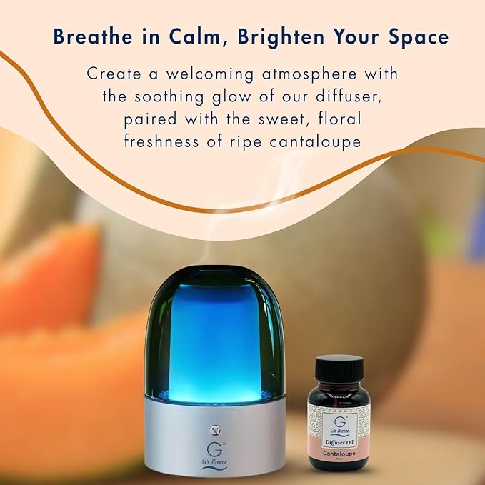 G's Breeze Smart Aroma Diffuser with 60ml Cantaloupe Scent Refill – Bluetooth & Wi-Fi App Control - LED Lighting & Adjustable Intensity - Long-Lasting Sweet Fruity Fragrance for Home or Office