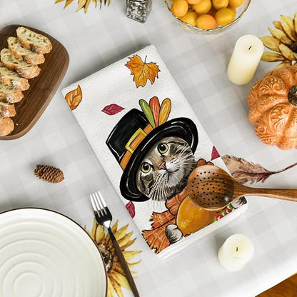 Artoid Mode Cat Turkey Happy Thanksgiving Kitchen Towels Dish Towels, 18x26 Inch Fall Leaves Decoration Hand Towels Set of 2