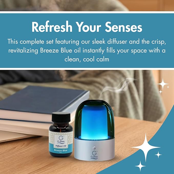 G's Breeze Smart Aroma Diffuser with 60ml Breeze Blue Scent Refill – Bluetooth & Wi-Fi App Control - LED Lighting, Adjustable Intensity - Long-Lasting Fresh Aquatic Fragrance for Home or Office