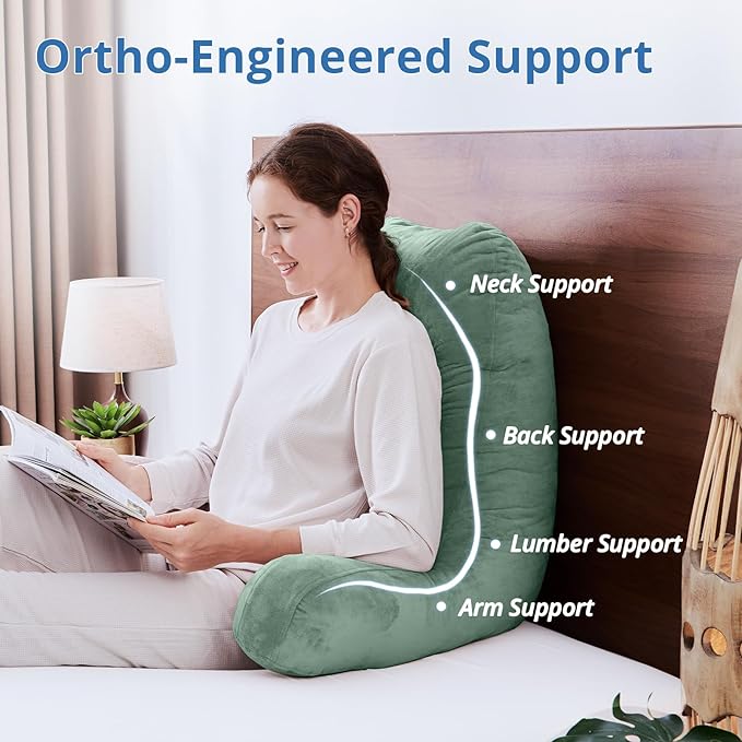 Sasttie 25-inch Reading Pillows for Sitting in Bed Adult, Jumbo Velvet Back Pillow Bed Sitting Up, XL High Back-Rest Support Cushion for Sit Up on Couch & Floor, Oeko-Tex Certified, Green