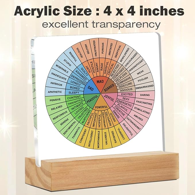 Mental Health Desk Decor, Emotions Desk Signs Wheel of Feelings Acrylic Plaque Sign Therapy Office Home Classroom Decoration 4 x 4 Inches
