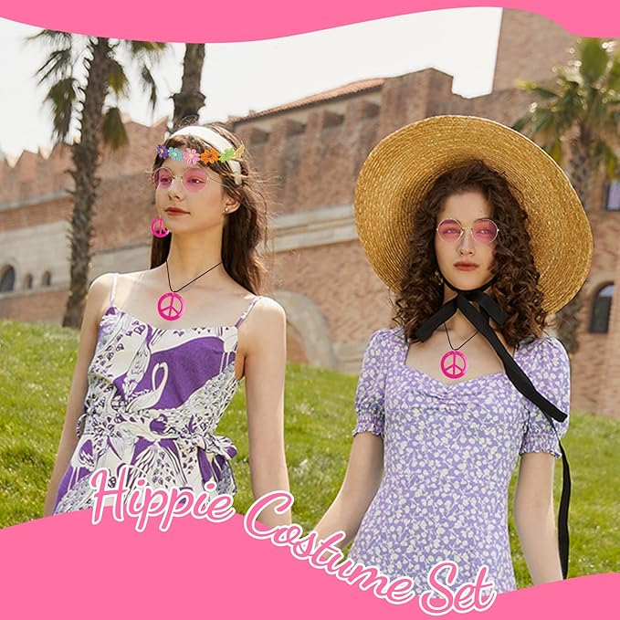 HyperFun Hippie Costume Set Includes Peace Sign Necklace and Earrings, Flower Crown Headband and Colored Hippie Sunglasses