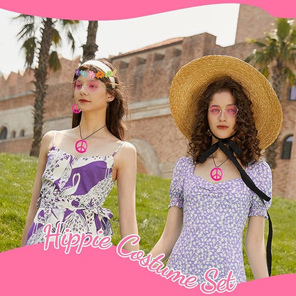 HyperFun Hippie Costume Set Includes Peace Sign Necklace and Earrings, Flower Crown Headband and Colored Hippie Sunglasses