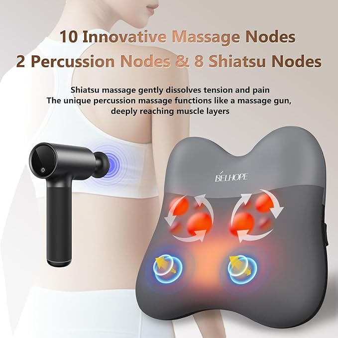 Shiatsu Back Massager with Heat,Percussion Massage Cordless Back Massage for Pain Relief Deep Tissue.4D Kneading Massage,Gift for Men Women Parents Relaxation at Christmas Office Car,Grey