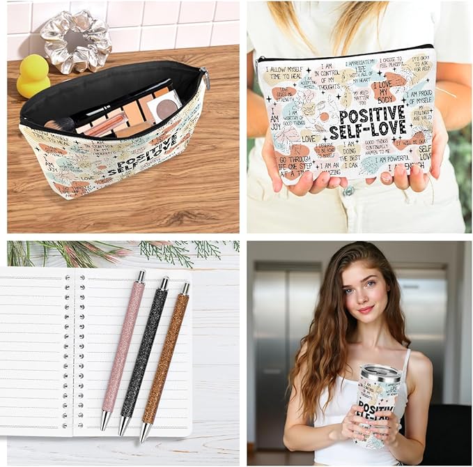 Positive Affirmations Self Love Mental Health Gifts Inspirational Gifts for Women Mom Bestie Coworker Birthday Friendship Appreciation Christmas , 6PCS 20oz Tumbler Makeup Bag Ballpoint Pen Notebook