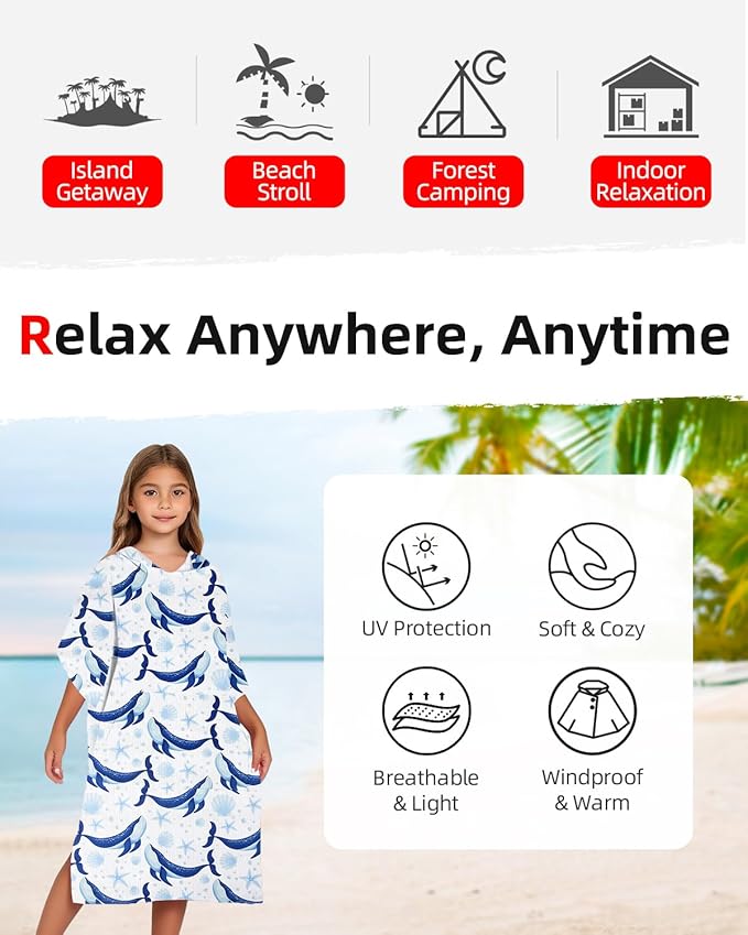 Abahub Surf Poncho Women & Men Towel Poncho Adult with Hood, Thick Quick Dry Changing Poncho Towel, Microfiber Wearable Cover Up for Surfing Beach Swim - Absorbent Changing Towel S (Blue Whale)