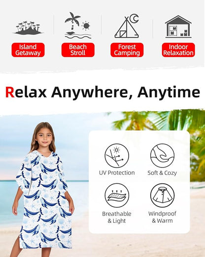Abahub Surf Poncho Women & Men Towel Poncho Adult with Hood, Thick Quick Dry Changing Poncho Towel, Microfiber Wearable Cover Up for Surfing Beach Swim - Absorbent Changing Towel S (Blue Whale)