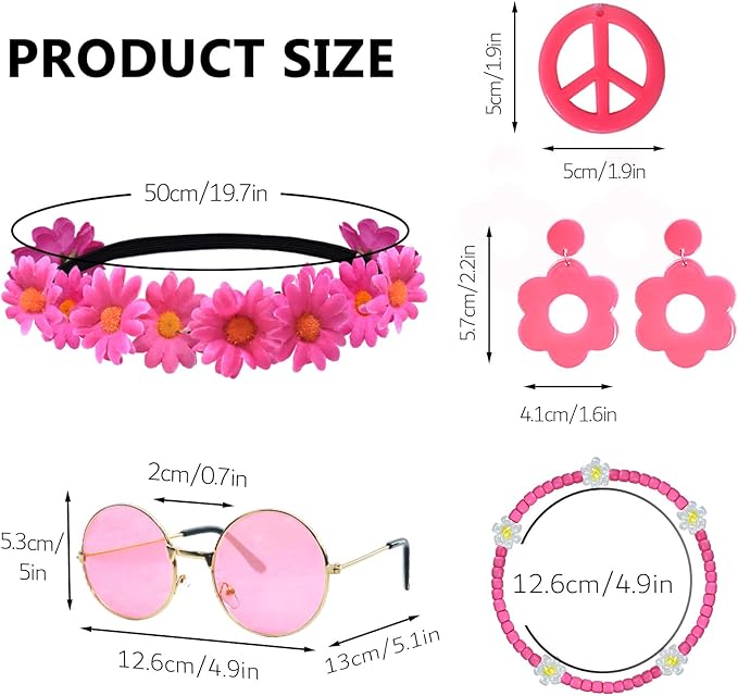 Hippie Costume Accessories Set Peace Sign Necklace Sunglasses Flower Headband Earrings for 60s 70s Outfit Party Women