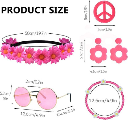 Hippie Costume Accessories Set Peace Sign Necklace Sunglasses Flower Headband Earrings for 60s 70s Outfit Party Women