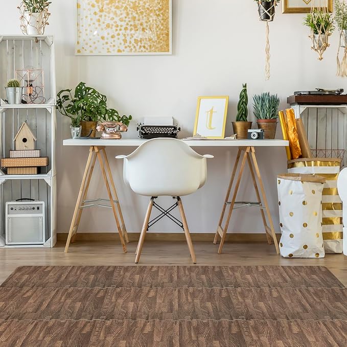 Sorbus Wood Grain Floor Tiles Foam Mat EVA Interlocking Mats Tile 3/8-Inch Thick Flooring Wood Puzzle Exercise Mats w/Borders - Home Playroom Basement, Apartment, Trade Show, Baby, Dance