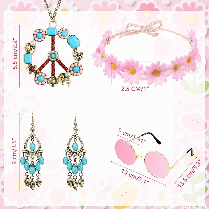 Hicarer Hippie Costume Accessories Include Sunglasses, Peace Sign Necklace, Boho Headband and Earring for 60s 70s Party