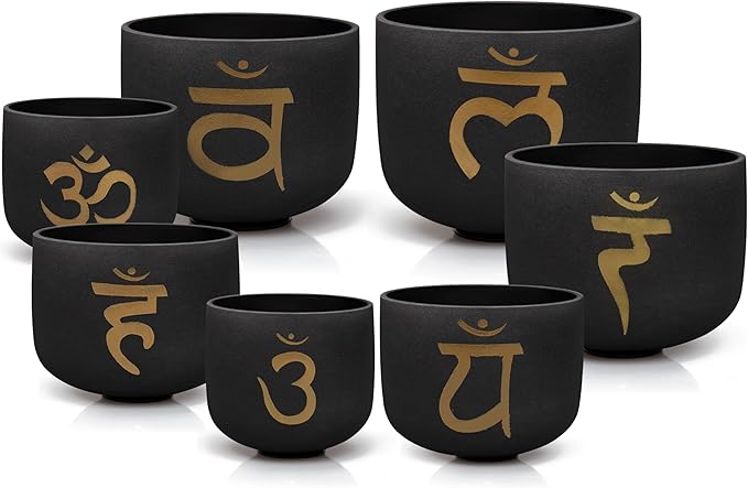 TOPFUND 6-12 inch Chakra Set of 7 Golden Sanskrit Black Crystal Singing Bowls with Carrying Cases and Mall