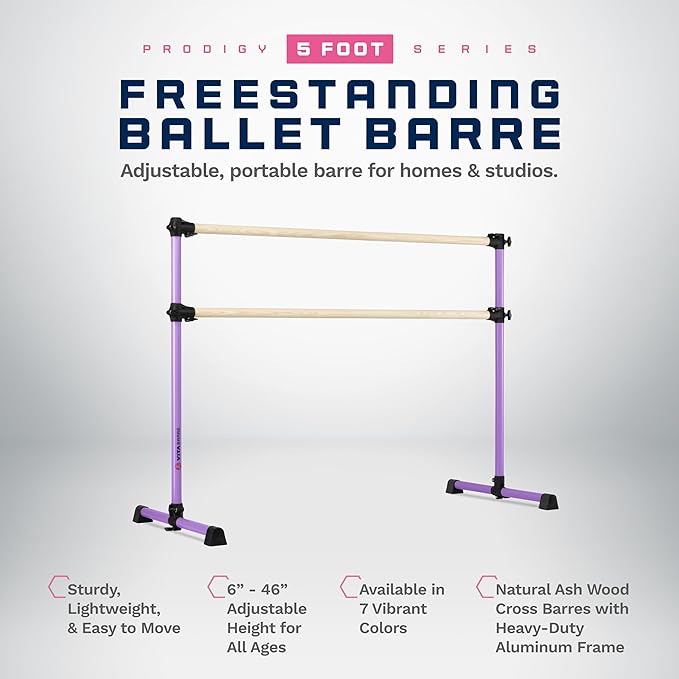 VITA Barre Portable Freestanding Double Ballet Barre, Prodigy, Wood | Adjustable Height, USA Made, Home or Gym Exercise Equipment for Kids & Adults | Dance, Fitness, Pilates