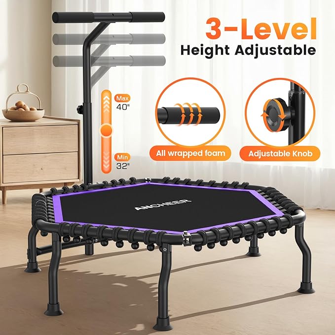 ANCHEER 50" Rebounder Trampoline for Adults- 2025 Foldable Mini Trampoline with Bar- Exercise Trampoline for Adults, Max Load 560lbs, for Indoor/Garden Workout