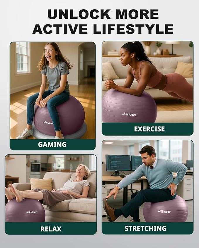Trideer Exercise Yoga Ball Chair with Base for Home Office Desk, Stability & Fitness Ball Seat to Relieve Back Pain, Home Gym Workout for Abs, Pregnancy Ball with Pump
