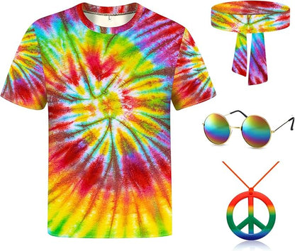 Hippie Costume for Men Women 4PCS Mens 60s 70s Outfit Set Colorful Hippie Shirt Sunglasses Headband Peace Necklace