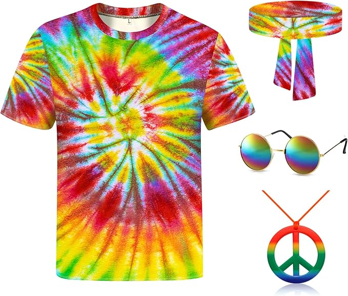 Hippie Costume for Men Women 4PCS Mens 60s 70s Outfit Set Colorful Hippie Shirt Sunglasses Headband Peace Necklace