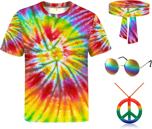 Hippie Costume for Men Women 4PCS Mens 60s 70s Outfit Set Colorful Hippie Shirt Sunglasses Headband Peace Necklace