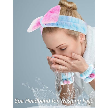 VELSCRUN Spa Headbands for Wash Face, Makeup Headband, Facial Skincare Headbands, 5 Pcs Colourful Puffy Sponge Spa Headband Bow Tie Hair Band Hair Clips Wristband Set Women Girls Accessories