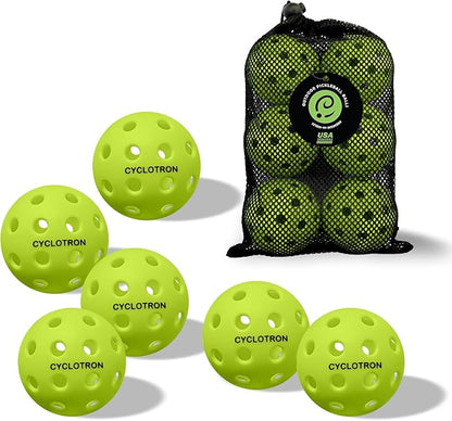 cyclotron 6-Pack Premium Pickleball Balls - USAP Approved, 40 Holes Outdoor/Indoor Pickle Balls with Bag, Perfectly Balanced, High Bounce True Flight, Pickle Ball for Tournament Play
