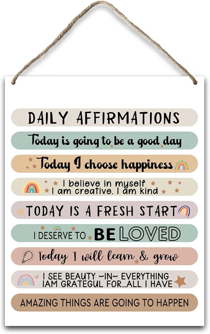 Hanging Plaque With Rope, Home Wall Decor Wood Daily Affirmations Sign, Door Decor Mental Health Wood Sign for Study Dining Room Psychological Counseling Office Bedroom, Farmhouse Art Plaque Gift -24