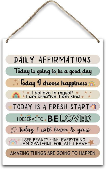 Hanging Plaque With Rope, Home Wall Decor Wood Daily Affirmations Sign, Door Decor Mental Health Wood Sign for Study Dining Room Psychological Counseling Office Bedroom, Farmhouse Art Plaque Gift -24