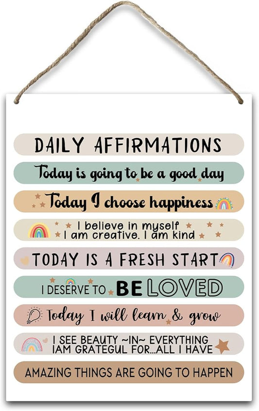 Hanging Plaque With Rope, Home Wall Decor Wood Daily Affirmations Sign, Door Decor Mental Health Wood Sign for Study Dining Room Psychological Counseling Office Bedroom, Farmhouse Art Plaque Gift -24