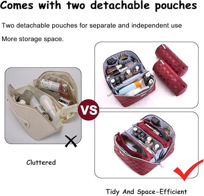 BOYATU Travel Makeup Bag Organizer Cosmetic Bag: 3 Pcs Set Make up Bags for Women with Handle - Waterproof Vegan Leather Toiletry Bags Travel Essentials Pouch with Compartments (C-11-Red)