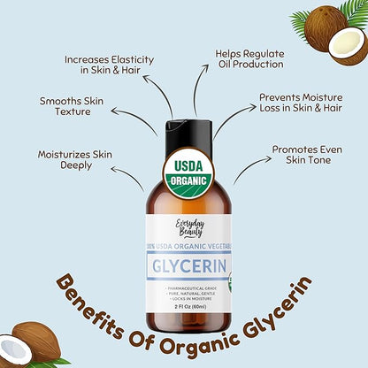 100% Organic Glycerin - For Skin & Hair - Food Grade - USDA Certified - Not From Palm Oil - Perfect Skin and Hair Moisturizer - 2 Fl Oz