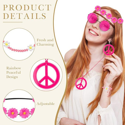 Batiyeer 6 Pcs Hippie Costume Accessories Set, Boho Peace Sign Daisy Flower 60s 70s Party Favors Decor for Groovy Party Women