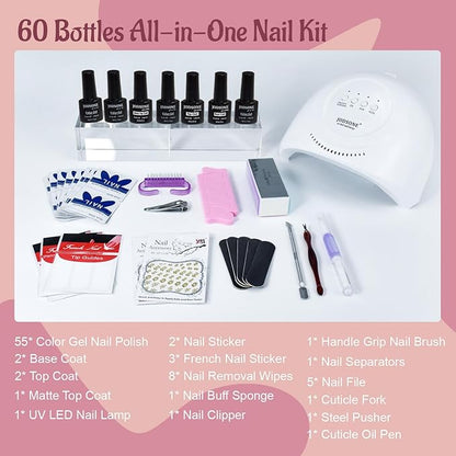 JODSONE Gel Nail Polish Kit 60 PCS with U V Light Soak off Base Top Coat 55 Shine Colors Gel Nail Kit Bright and Dark Brown Wine Red Series Manicure Set for Women and Girls