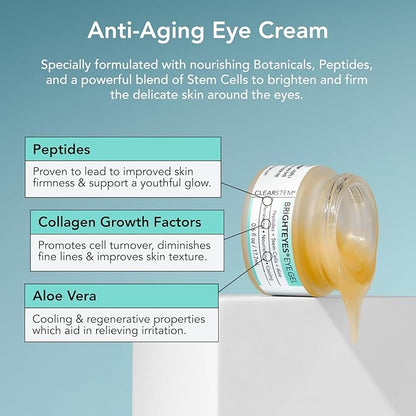 CLEARSTEM - BRIGHTEYES - Eye Gel - Nourishing Eye Cream - Lip Renewal - Cooling Gel - Stem Cells Blend - Peptides, Collagen, Aloe Vera - Gluten Free - Beauty, Self Care, Skin Care - 0.6 fl oz