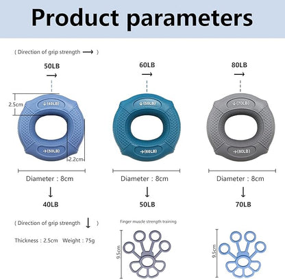 Grip strength trainer Hand grip strengthener, Forearm exerciser, Workout Set for Hand and Wrist Muscle Trainer Stress Relief, Silicone Ring for Muscle Training, Sports, Rock Climbing and Fitness.