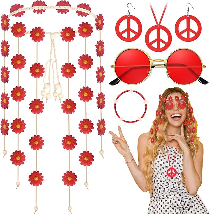 6 Pcs Hippie Costume Accessories Set, Flower Hippie Headband Boho Peace Sign Necklace Earrings Sunglasses Bracelet