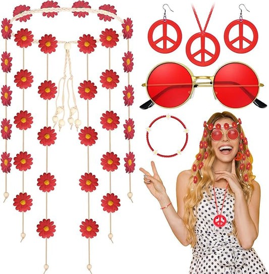 6 Pcs Hippie Costume Accessories Set, Flower Hippie Headband Boho Peace Sign Necklace Earrings Sunglasses Bracelet