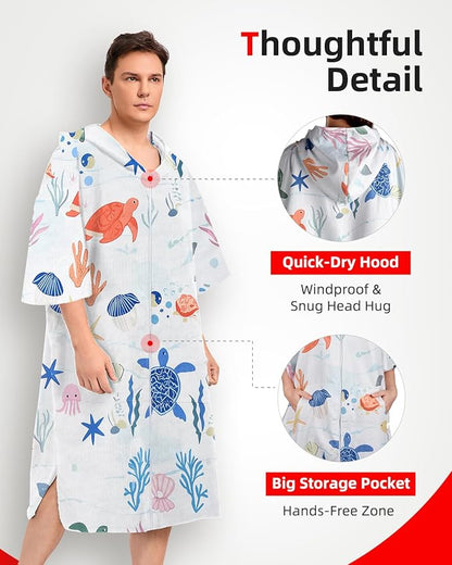Abahub Surf Poncho Men & Women Towel Poncho Adult with Hood, Thick Quick Dry Changing Poncho Towel, Microfiber Wearable Cover Up for Surfing Beach Swim - Absorbent Changing Towel L (White Seabed)