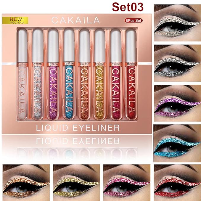 evpct 8 Colors Liquid Glitter Eyeliner Liquid Sets Glitter Eye Liners for Women White Silver Rose Gold Pink Sparkly Shimmer Eyeliner Set