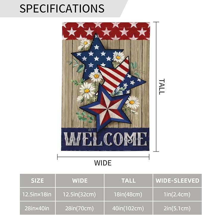 4th of July Garden Flag for Outside Patriotics American Stars Independence Day Welcome Yard Flag Decoration Banner Decor Yard Flag Gifts