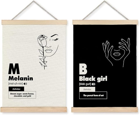 JINYO Melanin Black Girl Canvas Wall Art Poster, Black and White Abstract Minimalist Line African American Woman Poster Prints Wall Decor for Girls Bedroom Dorm, 11x14 Inch Set of 2