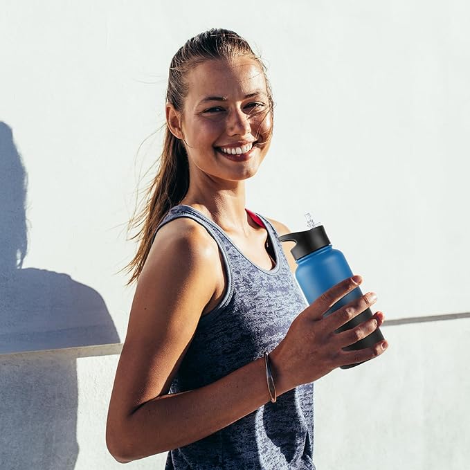 32 Oz Insulated Water Bottle Bulk 8 Pack, Stainless Steel Sports Water Bottles with Straw Lid & Wide Mouth Lids, Double Walled Vacuum, Leak Proof, Blue Black Gradient