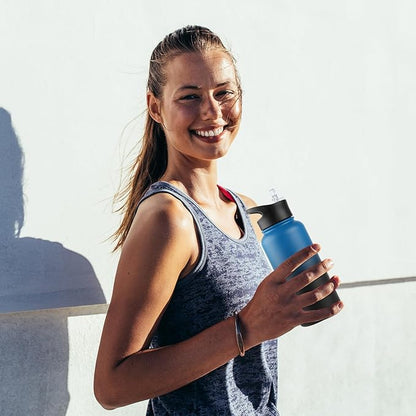 32 Oz Insulated Water Bottle Bulk 8 Pack, Stainless Steel Sports Water Bottles with Straw Lid & Wide Mouth Lids, Double Walled Vacuum, Leak Proof, Blue Black Gradient