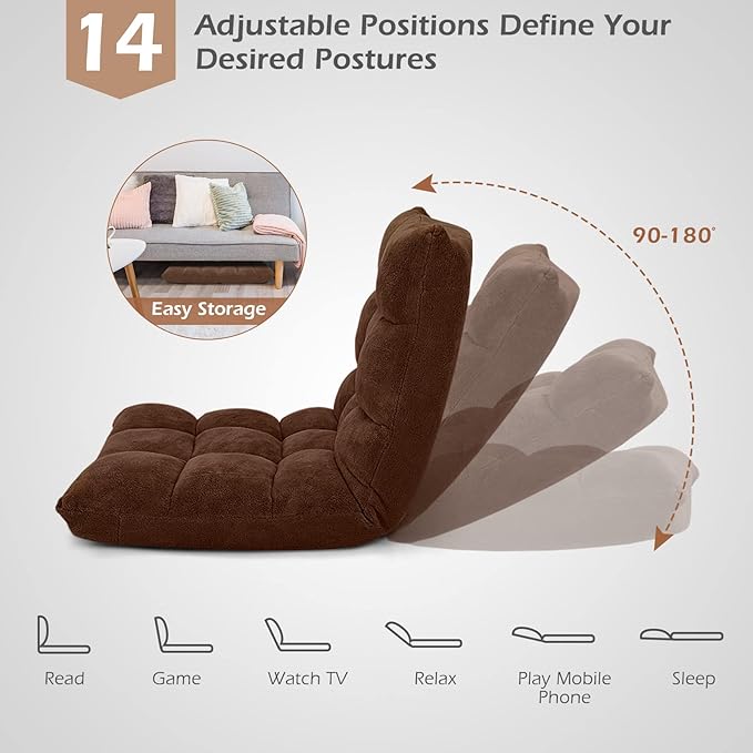 GORELAX Floor Chair with Back Support, 14-Position Adjustable Folding Gaming Chair Recliner, Meditation Chair with Steel Frame, Padded Lazy Sofa Chair for Adults, Kids (Brown)