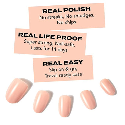 Nude Press On Nails, Short | Hard Candy False Nails with Natural looking Nude Polish | Includes - 24 Reusable Short Round Nails, Strong Nail Glue, Travel Case and Accessories.