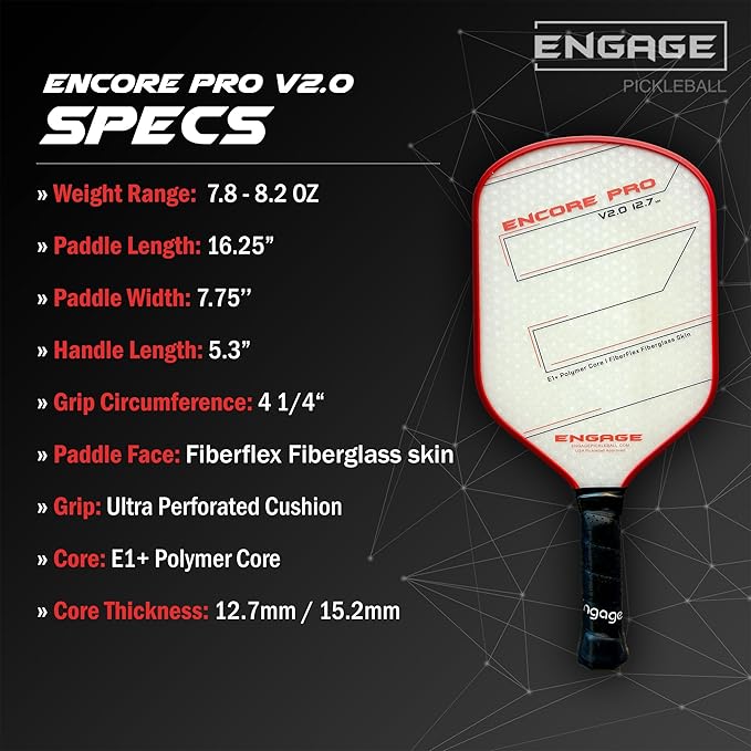 Engage Encore Pro V2.0 Pickleball Paddle – FiberFlex Fiberglass Face for Power & Spin, Available in Two Core Options (12.7mm for Power, 15.2mm for Control), Versatile Hybrid Shape