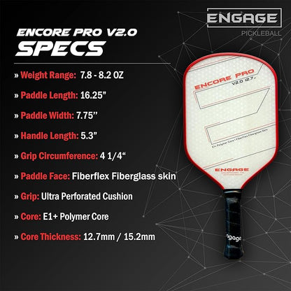 Engage Encore Pro V2.0 Pickleball Paddle – FiberFlex Fiberglass Face for Power & Spin, Available in Two Core Options (12.7mm for Power, 15.2mm for Control), Versatile Hybrid Shape