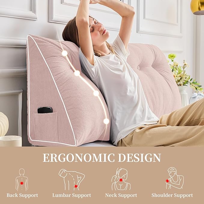 Sasttie Headboard Pillow King, Wedge Pillow Headboard for Sitting Up in Bed, Back-Rest Support Triangular Cushion for Reading - Features Removable Washable Cover, Light Pink