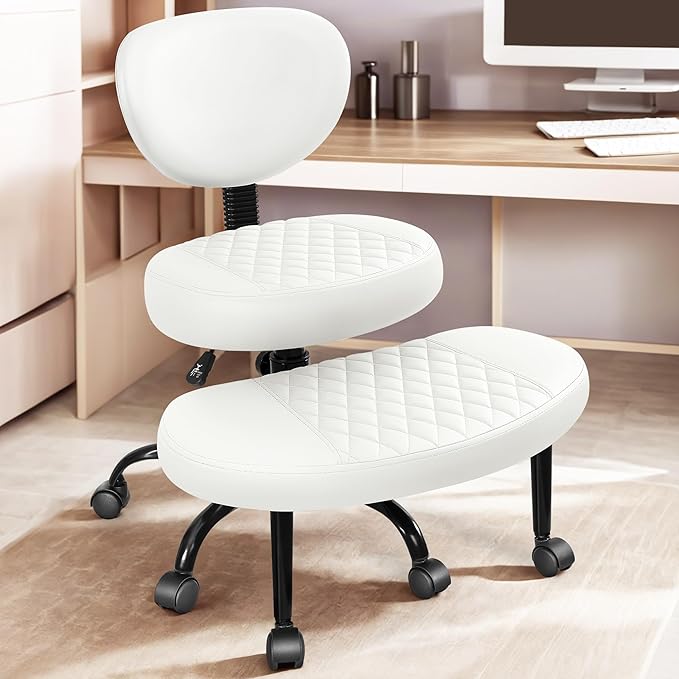 Ergonomic Cross Legged Office Chair with Wheels - Adjustable Height for Meditation, ADHD Desk & Yoga - Wide Criss Cross Design with Lumbar Support, Kneeling Chair - White