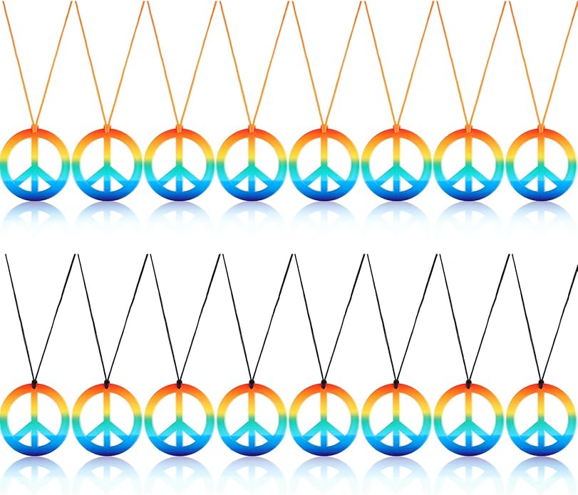 meekoo 16 Pack Peace Necklace Hippie Peace Sign Rainbow Pendant Necklace 60s 70s Costume Accessory Tie Dye Set for Women Men Party Supplies